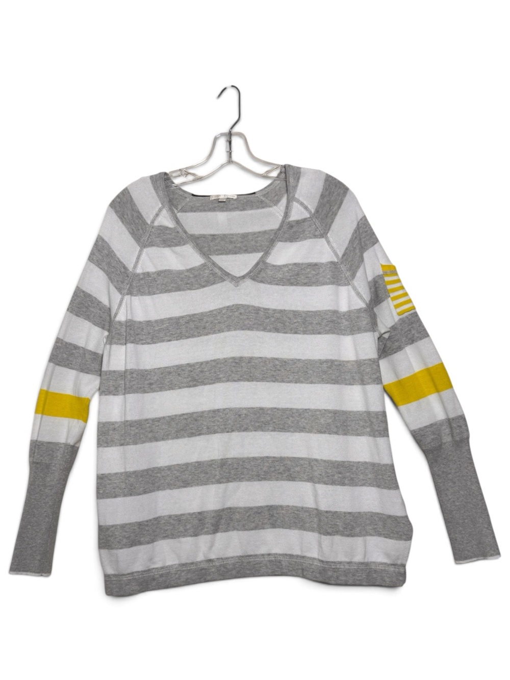 Lisa Todd Beach Stripe V-Neck Cotton Sweater Women’s L Gray Yellow Coastal